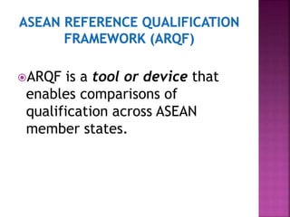 ARQF is a tool or device that
enables comparisons of
qualification across ASEAN
member states.
 