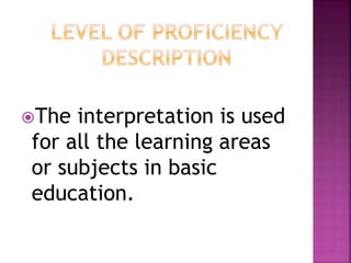 The interpretation is used
for all the learning areas
or subjects in basic
education.
 