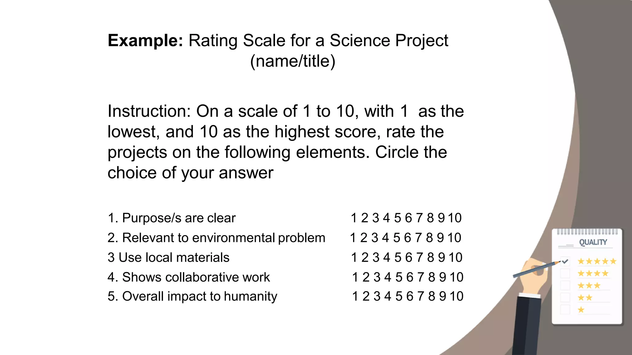Example: Rating Scale for a Science Project
(name/title)
Instruction: On a scale of 1 to 10, with 1 as the
lowest, and 10 as the highest score, rate the
projects on the following elements. Circle the
choice of your answer
1. Purpose/s are clear 1 2 3 4 5 6 7 8 9 10
2. Relevant to environmental problem 1 2 3 4 5 6 7 8 9 10
3 Use local materials 1 2 3 4 5 6 7 8 9 10
4. Shows collaborative work 1 2 3 4 5 6 7 8 9 10
5. Overall impact to humanity 1 2 3 4 5 6 7 8 9 10
 