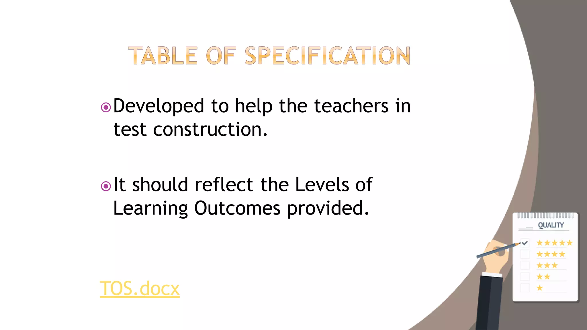 Developed to help the teachers in
test construction.
It should reflect the Levels of
Learning Outcomes provided.
TOS.docx
 