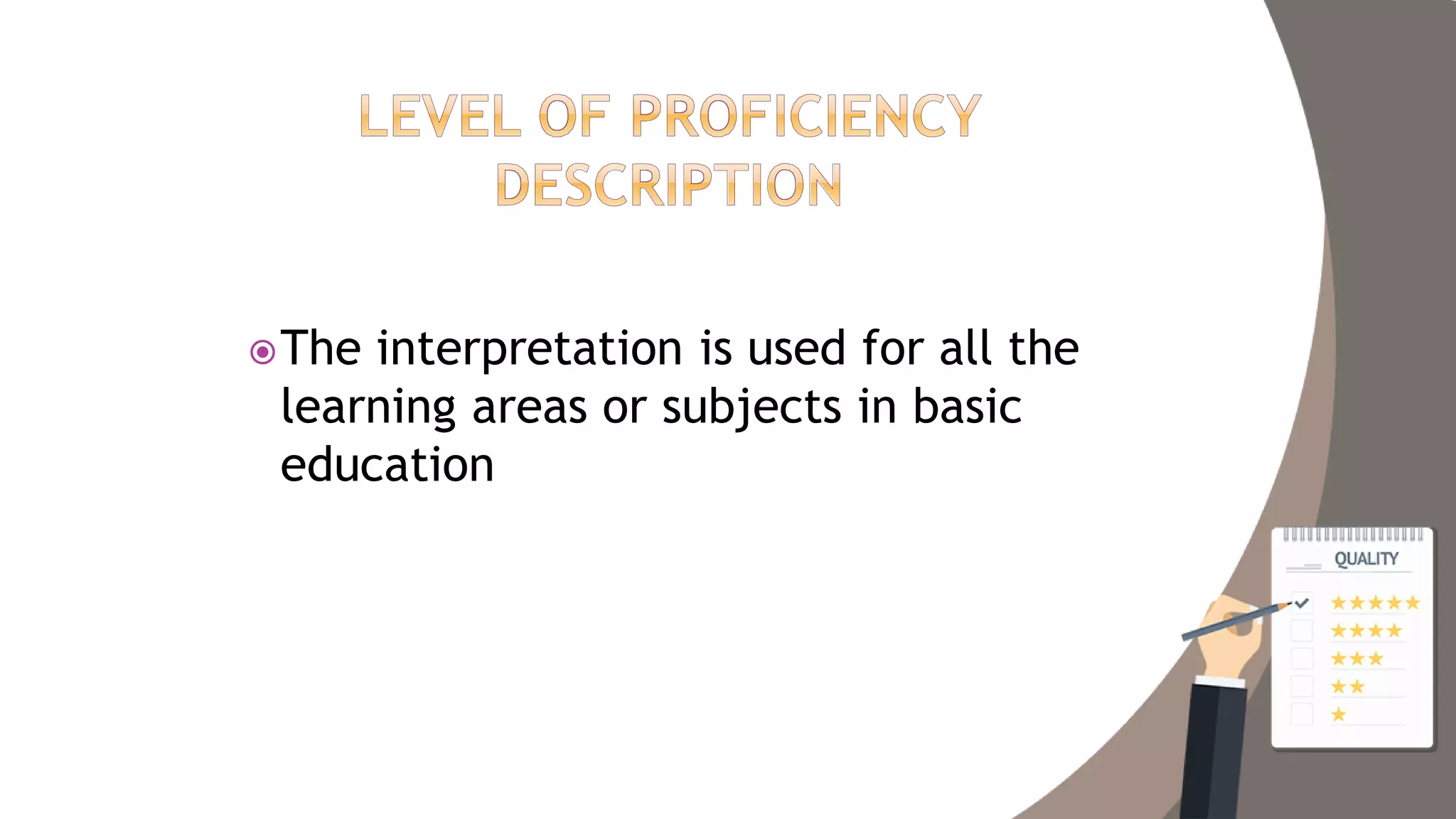 The interpretation is used for all the
learning areas or subjects in basic
education
 