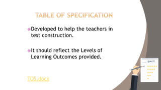 Developed to help the teachers in
test construction.
It should reflect the Levels of
Learning Outcomes provided.
TOS.docx
 