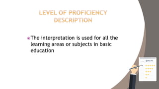 The interpretation is used for all the
learning areas or subjects in basic
education
 