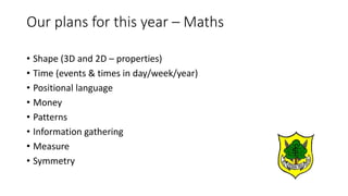 • Shape (3D and 2D – properties)
• Time (events & times in day/week/year)
• Positional language
• Money
• Patterns
• Information gathering
• Measure
• Symmetry
Our plans for this year – Maths
 