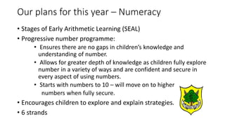 • Stages of Early Arithmetic Learning (SEAL)
• Progressive number programme:
• Ensures there are no gaps in children’s knowledge and
understanding of number.
• Allows for greater depth of knowledge as children fully explore
number in a variety of ways and are confident and secure in
every aspect of using numbers.
• Starts with numbers to 10 – will move on to higher
numbers when fully secure.
• Encourages children to explore and explain strategies.
• 6 strands
Our plans for this year – Numeracy
 