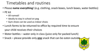 Timetables and routines
• Please name everything! (e.g. clothing, snack boxes, lunch boxes, water bottles)
• PE kit
• All named!
• Ideally to stay in school on peg
• Gym shoes can be used as indoor shoes
• Lunch forms to be returned to office by required time to ensure
your child receives their choices
• Water bottles – water only in class (juice only for packed lunch)
• Snack – please provide only one snack that can be eaten outside
 
