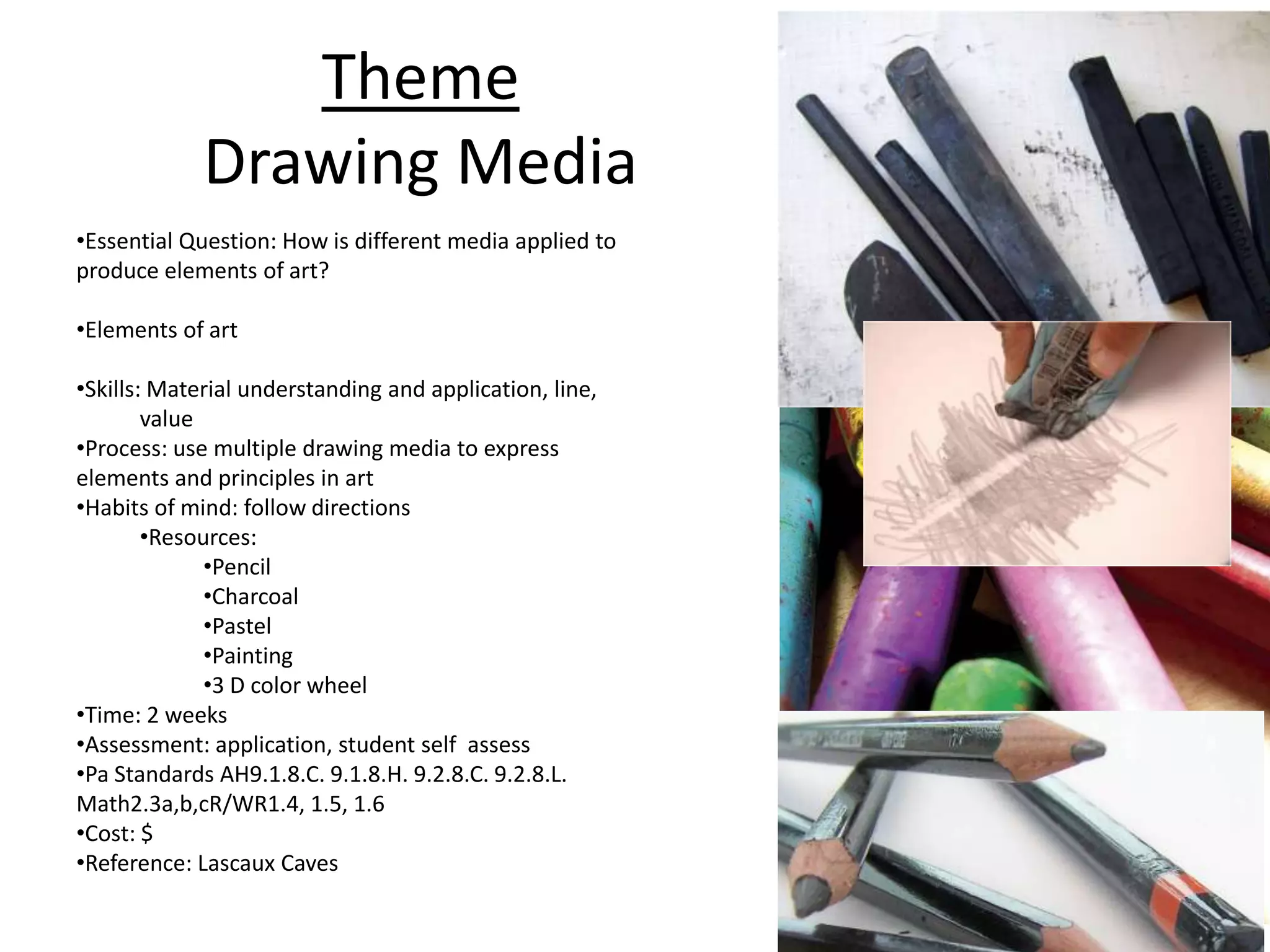 Theme
             Drawing Media
•Essential Question: How is different media applied to
produce elements of art?

•Elements of art

•Skills: Material understanding and application, line,
        value
•Process: use multiple drawing media to express
elements and principles in art
•Habits of mind: follow directions
        •Resources:
              •Pencil
              •Charcoal
              •Pastel
              •Painting
              •3 D color wheel
•Time: 2 weeks
•Assessment: application, student self assess
•Pa Standards AH9.1.8.C. 9.1.8.H. 9.2.8.C. 9.2.8.L.
Math2.3a,b,cR/WR1.4, 1.5, 1.6
•Cost: $
•Reference: Lascaux Caves
 