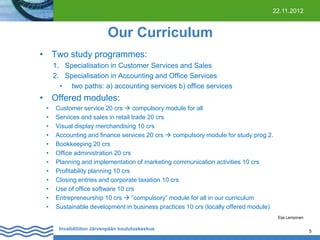 22.11.2012

Our Curriculum
• Two study programmes:
1. Specialisation in Customer Services and Sales
2. Specialisation in Accounting and Office Services
• two paths: a) accounting services b) office services

• Offered modules:
•
•
•
•
•
•
•
•
•
•
•
•

Customer service 20 crs  compulsory module for all
Services and sales in retail trade 20 crs
Visual display merchandising 10 crs
Accounting and finance services 20 crs  compulsory module for study prog 2.
Bookkeeping 20 crs
Office administration 20 crs
Planning and implementation of marketing communication activities 10 crs
Profitability planning 10 crs
Closing entries and corporate taxation 10 crs
Use of office software 10 crs
Entrepreneurship 10 crs  ”compulsory” module for all in our curriculum
Sustainable development in business practices 10 crs (locally offered module)
Eija Lempinen

Invalidiliiton Järvenpään koulutuskeskus

5

 