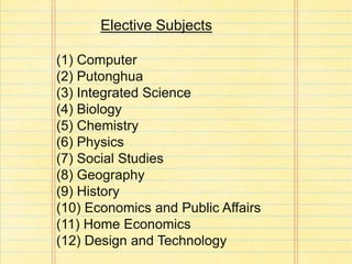 Elective Subjects
(1) Computer
(2) Putonghua
(3) Integrated Science
(4) Biology
(5) Chemistry
(6) Physics
(7) Social Studies
(8) Geography
(9) History
(10) Economics and Public Affairs
(11) Home Economics
(12) Design and Technology
 