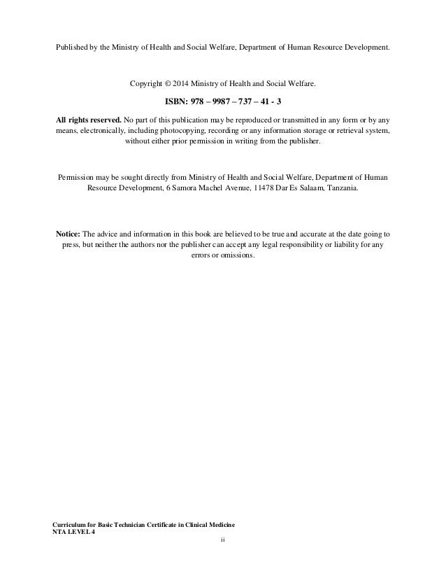 Curriculum For Technician Certificate In Clinical Medicine Nta Level
