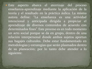  Este  aspecto abarca el aterrizaje del proceso
 enseñanza-aprendizaje mediante la aplicación de la
 teoría y el resultado en la práctica áulica. La misma
 autora define: "La enseñanza es una actividad
 intencional y anticipada dirigida a propiciar el
 aprendizaje de diversos contenidos de acuerdo con
 determinados fines”. Este proceso es en todo momento
 un acto social porque se da en grupo, dentro de una
 relación interpersonal donde ambos sujetos aportan
 sus bagajes culturales. Debe estar fundamentado en
 metodologías y estrategias que serán plasmados dentro
 de su planeación; por lo tanto debe atender a lo
 siguiente:
 
