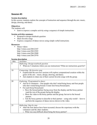 DRAFT - 20110923


Session #3
Session description
In this session, students explore the concepts of instruction and sequence through the arts: music,
design, drawing, and dance.
Objectives
The students will:
   • learn to express a complex activity using a sequence of simple instructions
Session activities summary
   • Respond to design notebook question
   • Share favorite songs
   • Express a sequence of dance moves using simple verbal instructions
Resources
   • Dance videos
      http://vimeo.com/28612347
      http://vimeo.com/28612585
      http://vimeo.com/28612800
      http://vimeo.com/28612970
Session description
~Min.     Activities
5         Reflecting: Design notebook question
          • What are 5 situations where you use instructions? What are instructions good for?

10        Connecting: My favorite song
          • Explain that the next few sessions will explore computational creation within the
             genre of the arts – music, design, drawing, and dance.
          • Ask students to share one of their current favorite songs with the group.

20        Exploring: Programmed to dance
          • Ask for 8 volunteers – four people who don’t mind being bossy and four people
              who don’t mind being bossed. Create four bossy/bossed pairs.
          • For each bossy/bossed pair:
              o Have the bossed partner facing away from the display and the bossy partner
                  (and the rest of the group) facing the display.
              o Show the video to the bossy partner and the group, but not to the bossed
                  partner.
              o Ask the bossy partner to describe to their partner – using only words! – how to
                  perform the sequence of dance moves shown in the video.

25        Reflecting: Step by step
          • After the four dances have been recreated, discuss the experience with the
              volunteers and the other students:
              o What was easy/difficult about being the bossy partner?


	
                                              20	
  
 