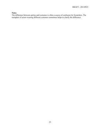 DRAFT - 20110923

Notes
The difference between sprites and costumes is often a source of confusion for Scratchers. The
metaphor of actors wearing different costumes sometimes helps to clarify the difference.




	
                                             23	
  
 