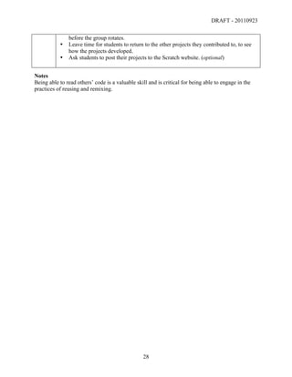 DRAFT - 20110923


               before the group rotates.
           •   Leave time for students to return to the other projects they contributed to, to see
               how the projects developed.
           •   Ask students to post their projects to the Scratch website. (optional)


Notes
Being able to read others’ code is a valuable skill and is critical for being able to engage in the
practices of reusing and remixing.




	
                                               28	
  
 