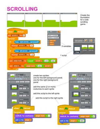  
SCROLLING
                                                            Create the
                                                            foundation
                                                            for a side
                                                            scrolling
                                                            game.




                                              3 variables



                                             1 script




        create two sprites:
        one for the left background panel,
        one for the right background
        panel

        add the same (2 or more)
        costumes to each sprite

        add this script to the left sprite

          add this script to the right sprite




                             	
  
 