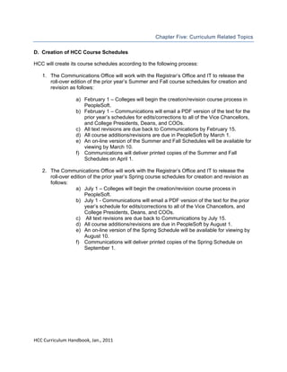  
Chapter Five: Curriculum Related Topics
D. Creation of HCC Course Schedules
HCC will create its course schedules according to the following process:
1. The Communications Office will work with the Registrar’s Office and IT to release the
roll-over edition of the prior year’s Summer and Fall course schedules for creation and
revision as follows:
a) February 1 – Colleges will begin the creation/revision course process in
PeopleSoft.
b) February 1 – Communications will email a PDF version of the text for the
prior year’s schedules for edits/corrections to all of the Vice Chancellors,
and College Presidents, Deans, and COOs.
c) All text revisions are due back to Communications by February 15.
d) All course additions/revisions are due in PeopleSoft by March 1.
e) An on-line version of the Summer and Fall Schedules will be available for
viewing by March 10.
f) Communications will deliver printed copies of the Summer and Fall
Schedules on April 1.
2. The Communications Office will work with the Registrar’s Office and IT to release the
roll-over edition of the prior year’s Spring course schedules for creation and revision as
follows:
a) July 1 – Colleges will begin the creation/revision course process in
PeopleSoft.
b) July 1 - Communications will email a PDF version of the text for the prior
year’s schedule for edits/corrections to all of the Vice Chancellors, and
College Presidents, Deans, and COOs.
c) All text revisions are due back to Communications by July 15.
d) All course additions/revisions are due in PeopleSoft by August 1.
e) An on-line version of the Spring Schedule will be available for viewing by
August 10.
f) Communications will deliver printed copies of the Spring Schedule on
September 1.

 
HCC Curriculum Handbook, Jan., 2011 
 

 
