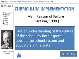 Internet Pictures Clips Maps News Shop Email more 
Web Search 
Web Search 
Pictures 
Clips 
Maps 
News 
Shop 
Email 
CURRICULUM IMPLEMENTATION 
Main Reason of Failure 
( Sarason, 1990 ) 
Lack of understanding of the culture 
of the school by both experts 
outside the school system and 
educators in the system . 
Seymour Bernard 
Sarason 
 