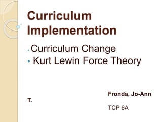 Curriculum
Implementation
• Curriculum Change
• Kurt Lewin Force Theory
Fronda, Jo-Ann
T.
TCP 6A
 