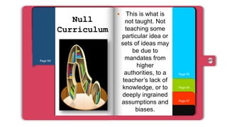 Page 07
Page 06
Page 01
Page 02
Page 03
Page 04
Page 05
Null
Curriculum
 This is what is
not taught. Not
teaching some
particular idea or
sets of ideas may
be due to
mandates from
higher
authorities, to a
teacher’s lack of
knowledge, or to
deeply ingrained
assumptions and
biases.
 