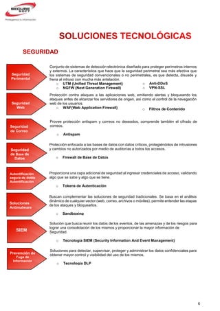 6
Soluciones para detectar, supervisar, proteger y administrar los datos confidenciales para
obtener mayor control y visibilidad del uso de los mismos.
o Tecnología DLP
Protección enfocada a las bases de datos con datos críticos, protegiéndolos de intrusiones
y cambios no autorizados por medio de auditorías a todos los accesos.
o Firewall de Base de Datos
Proporciona una capa adicional de seguridad al ingresar credenciales de acceso, validando
algo que se sabe y algo que se tiene.
o Tokens de Autenticación
Protección contra ataques a las aplicaciones web, emitiendo alertas y bloqueando los
ataques antes de alcanzar los servidores de origen, así como el control de la navegación
web de los usuarios.
o WAF(Web Application Firewall)
Conjunto de sistemas de detección electrónica diseñado para proteger perímetros internos
y externos. La característica que hace que la seguridad perimetral sea más efectiva que
los sistemas de seguridad convencionales o no perimetrales, es que detecta, disuade y
frena al intruso con mucha más antelación.
o UTM (Unified Threat Management)
o NGFW (Next Generation Firewall)
Seguridad
Web
Seguridad
de Correo
Provee protección antispam y correos no deseados, comprende también el cifrado de
correos.
o Antispam
Seguridad
Perimental
Buscan complementar las soluciones de seguridad tradicionales. Se basa en el análisis
dinámico de cualquier vector (web, correo, archivos o móviles), permite entender las etapas
de los ataques y bloquearlos.
o Sandboxing
SIEM
Solución que busca reunir los datos de los eventos, de las amenazas y de los riesgos para
lograr una consolidación de los mismos y proporcionar la mayor información de
Seguridad.
o Tecnología SIEM (Security Information And Event Management)
SEGURIDAD
Prevención de
Fuga de
Información
Seguridad
de Base de
Datos
Autentificación
segura de doble
Autentificación
Soluciones
Antimalware
o Anti-DDoS
o VPN-SSL
o Filtros de Contenido
 