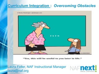Curriculum Integration : Overcoming Obstacles
Laura Fidler, NAF Instructional Manager
laura@naf.org
 