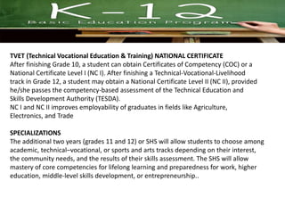 TVET (Technical Vocational Education & Training) NATIONAL CERTIFICATE
After finishing Grade 10, a student can obtain Certificates of Competency (COC) or a
National Certificate Level I (NC I). After finishing a Technical-Vocational-Livelihood
track in Grade 12, a student may obtain a National Certificate Level II (NC II), provided
he/she passes the competency-based assessment of the Technical Education and
Skills Development Authority (TESDA).
NC I and NC II improves employability of graduates in fields like Agriculture,
Electronics, and Trade
SPECIALIZATIONS
The additional two years (grades 11 and 12) or SHS will allow students to choose among
academic, technical–vocational, or sports and arts tracks depending on their interest,
the community needs, and the results of their skills assessment. The SHS will allow
mastery of core competencies for lifelong learning and preparedness for work, higher
education, middle-level skills development, or entrepreneurship..
 