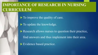 IMPORTANCE OF RESEARCH IN NURSING
CURRICULUM
 To improve the quality of care.
 To update the knowledge.
 Research allows nurses to question their practice,
find answers and thus implement into their area.
 Evidence based practice.
 
