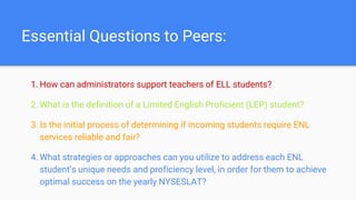 Essential Questions to Peers:
1. How can administrators support teachers of ELL students?
2. What is the definition of a Limited English Proficient (LEP) student?
3. Is the initial process of determining if incoming students require ENL
services reliable and fair?
4. What strategies or approaches can you utilize to address each ENL
student’s unique needs and proficiency level, in order for them to achieve
optimal success on the yearly NYSESLAT?
 