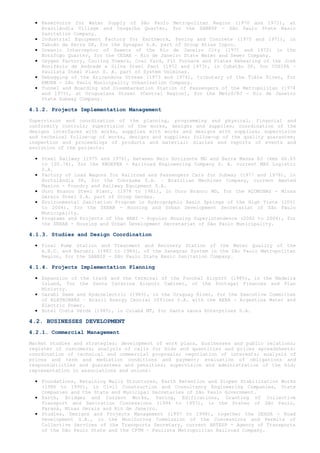 • Reservoirs for Water Supply of São Paulo Metropolitan Region (1970 and 1971), at
    Brasilândia Village and Cangaiba Quarter, for the SABESP - São Paulo State Basic
    Sanitation Company.
  • Industrial Equipment Factory for Earthwork, Paving and Concrete (1970 and 1971), in
    Taboão da Serra SP, for the Dynapac S.A. part of Group Atlas Copco.
  • Oceanic Interceptor of Sewers of the Rio de Janeiro City (1971 and 1972) in the
    Botafogo Quarter, for the CEDAE – Rio de Janeiro State Water and Sewer Company.
  • Oxygen Factory, Cooling Towers, Coal Yard, Pit Furnace and Plates Reheating of the José
    Bonifácio de Andrade e Silva Steel Pant (1972 and 1973), in Cubatão SP, for COSIPA –
    Paulista Steel Plant S. A. part of System Usiminas.
  • Debugging of the Aricanduva Stream (1973 and 1974), tributary of the Tiête River, for
    EMURB - São Paulo Municipality Urbanization Company.
  • Tunnel and Boarding and Disembarkation Station of Passengers of the Metropolitan (1974
    and 1975), at Uruguaiana Street (Central Region), for the Metrô/RJ - Rio de Janeiro
    State Subway Company.

4.1.2. Projects Implementation Management

Supervision and coordination of the planning, programming and physical, financial and
conformity controls; supervision of the works, designs and supplies; coordination of the
designs interfaces with works, supplies with works and designs with supplies; supervision
and technical follow-up of works, designs and supplies; follow-up of the quality guarantee;
inspection and proceedings of products and material; diaries and reports of events and
evolution of the projects:

  • Steel Railway (1975 and 1976), between Belo Horizonte MG and Barra Mansa RJ (kms 66.03
    to 100.74), for the ENGEFER - Railroad Engineering Company S. A. current MRS Logistic
    S.A.
  • Factory of Load Wagons for Railroad and Passengers Cars for Subway (1977 and 1978), in
    Hortolândia SP, for the Cobrasma S.A. – Brazilian Machines Company, current Amsted
    Maxion - Foundry and Railway Equipment S.A.
  • Ouro Branco Steel Plant, (1978 to 1981), in Ouro Branco MG, for the AÇOMINAS - Minas
    Gerais Steel S.A. part of Group Gerdau.
  • Environmental Sanitation Program in Hydrographic Basin Springs of the High Tiete (2001
    to 2004), for the SEHAB - Housing and Urban Development Secretariat of São Paulo
    Municipality.
  • Programs and Projects of the HABI - Popular Housing Superintendence (2002 to 2004), for
    the SEHAB - Housing and Urban Development Secretariat of São Paulo Municipality.

4.1.3. Studies and Design Coordination

  • Final Pump Station and Treatment and Recovery Station of the Water Quality of the
    A.B.C. and Barueri (1982 to 1984), of the Sanegran System in the São Paulo Metropolitan
    Region, for the SABESP - São Paulo State Basic Sanitation Company.

4.1.4. Projects Implementation Planning

  • Expansion of the track and the terminal of the Funchal Airport (1985), in the Madeira
    Island, for the Santa Catarina Airport Cabinet, of the Portugal Finances and Plan
    Ministry.
  • Garabi Dams and Hydroelectric (1985), in the Uruguay River, for the Executive Committee
    of ELETROBRÁS – Brazil Energy Central Offices S.A. with the AEEA - Argentina Water and
    Electric Power.
  • Hotel Costa Verde (1985), in Cuiabá MT, for Santa Laura Enterprises S.A.

4.2. BUSINESSES DEVELOPMENT
4.2.1. Commercial Management

Market studies and strategies; development of work plans, businesses and public relations;
register of customers; analysis of calls for bids and quantities and prices spreadsheets;
coordination of technical and commercial proposals; negotiation of interests; analysis of
prices and term and mediation conditions and payment; evaluation of obligations and
responsibilities and guarantees and penalties; supervision and administration of the bid;
representation in associations and unions:

  • Foundations, Retaining Walls Structures, Earth Retention and Slopes Stabilization Works
    (1986 to 1990), in Civil Construction and Consultancy Engineering Companies, State
    Companies and the State and Municipal Secretaries of São Paulo Government.
  • Earth, Bridges and Current Works, Paving, Edifications, Granting of Collective
    Transport and Sanitation Concessions (1994 to 1997), in the States of São Paulo,
    Paraná, Minas Gerais and Rio de Janeiro.
  • Studies, Designs and Projects Management (1997 to 1998), together the DERSA - Road
    Development S.A., in the Monitoring Commission of the Concessions and Permits of
    Collective Services of the Transports Secretary, current ARTESP - Agency of Transports
    of the São Paulo State and the CPTM - Paulista Metropolitan Railroad Company.
 