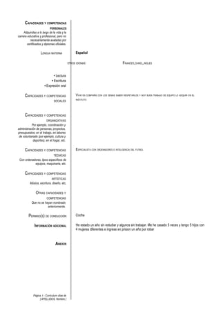 CAPACIDADES Y COMPETENCIAS 
PERSONALES 
Adquiridas a lo largo de la vida y la 
carrera educativa y profesional, pero no 
necesariamente avaladas por 
certificados y diplomas oficiales. 
LENGUA MATERNA Español 
OTROS IDIOMAS FRANCES,CHINO,,INGLES 
• Lectura 
• Escritura 
• Expresión oral 
CAPACIDADES Y COMPETENCIAS 
SOCIALES 
VIVIR EN COMPAÑÍA CON LOS DEMAS SABER RESPETARLOS Y MUY BUEN TRABAJO DE EQUIPO LO ADQUIRI EN EL 
INSTITUTO 
CAPACIDADES Y COMPETENCIAS 
ORGANIZATIVAS 
Por ejemplo, coordinación y 
administración de personas, proyectos, 
presupuestos; en el trabajo, en labores 
de voluntariado (por ejemplo, cultura y 
deportes), en el hogar, etc. 
CAPACIDADES Y COMPETENCIAS 
TÉCNICAS 
Con ordenadores, tipos específicos de 
equipos, maquinaria, etc. 
ESPECIALISTA CON ORDENADORES E INTELIGENCIA DEL FUTBOL 
CAPACIDADES Y COMPETENCIAS 
ARTÍSTICAS 
Música, escritura, diseño, etc. 
OTRAS CAPACIDADES Y 
COMPETENCIAS 
Que no se hayan nombrado 
anteriormente. 
PERMISO(S) DE CONDUCCIÓN Coche 
INFORMACIÓN ADICIONAL He estado un año sin estudiar y algunos sin trabajar. Me he casado 5 veces y tengo 5 hijos con 
4 mujeres diferentes e ingrese en prision un año por robar 
ANEXOS 
Página 3 - Curriculum vitae de 
[ APELLIDOS, Nombre ] 
