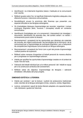 Currículum educació secundària obligatòria – Decret 143/2007 DOGC núm. 4915
Àmbit de llengües: llengua catalana i literatura, llengua castellana i literatura, llengües
estrangeres 17
• Identificació i ús d’elements lingüístics bàsics i habituals en la comunicació
oral i escrita.
• Reflexió guiada sobre l'ús i el significat d'elements lingüístics adequats a les
diferents funcions i intencions comunicatives.
• Sensibilització envers la pronúncia dels fonemes que presenten una
especial dificultat en les llengües estrangeres.
• Ús d’estratègies bàsiques d’aprenentatge per recordar, organitzar i revisar
continguts lingüístics (lèxic, funcions i conceptes) situats en contextos
comunicatius.
• Identificació d’estratègies per a la comprensió i interpretació de missatges i
documents: identificació de paraules clau, del context verbal i no verbal, i
coneixements previs sobre la situació.
• Reconeixement i acceptació de les oportunitats que ofereixen els materials
de consulta, els mitjans audiovisuals i les tecnologies de la informació i de la
comunicació per a l'aprenentatge de continguts lingüístics i per a l'adquisició
de competències lingüístiques comunicatives en llengua estrangera.
• Reconeixement i acceptació de l’error com a part del procés d’aprenentatge
i actitud positiva de superació.
• Reflexió sobre maneres d'organitzar el treball personal de manera efectiva
per a progressar en l'aprenentatge autònom.
• Interès per aprofitar les oportunitats d’aprenentatge creades en el context de
l’aula i fora de l’aula.
• Valoració del treball individual per a la millora personal i del treball en equip
per a la construcció col·lectiva del coneixement.
• Reflexió sobre els objectius d’aprenentatge de llengües i valoració
(fortaleses i dificultats) del propi progrés.
DIMENSIÓ ESTÈTICA I LITERÀRIA
• Interès per conèixer i per la lectura i audició de produccions tradicionals
orals i escrites de la llengua estrangera (rimes, cançons, contes, llegendes).
• Lectura, comprensió i gaudi de textos literaris adaptats a la capacitat lectora
i els interessos i gustos de l’alumnat.
 