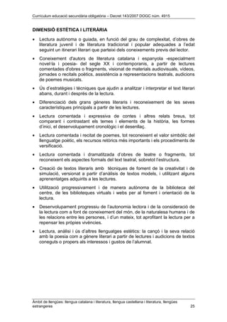 Currículum educació secundària obligatòria – Decret 143/2007 DOGC núm. 4915
Àmbit de llengües: llengua catalana i literatura, llengua castellana i literatura, llengües
estrangeres 25
DIMENSIÓ ESTÈTICA I LITERÀRIA
• Lectura autònoma o guiada, en funció del grau de complexitat, d’obres de
literatura juvenil i de literatura tradicional i popular adequades a l’edat
seguint un itinerari literari que parteixi dels coneixements previs del lector.
• Coneixement d'autors de literatura catalana i espanyola -especialment
novel·la i poesia- del segle XX i contemporanis, a partir de lectures
comentades d'obres o fragments, visionat de materials audiovisuals, vídeos,
jornades o recitals poètics, assistència a representacions teatrals, audicions
de poemes musicats.
• Ús d’estratègies i tècniques que ajudin a analitzar i interpretar el text literari
abans, durant i després de la lectura.
• Diferenciació dels grans gèneres literaris i reconeixement de les seves
característiques principals a partir de les lectures.
• Lectura comentada i expressiva de contes i altres relats breus, tot
comparant i contrastant els temes i elements de la història, les formes
d’inici, el desenvolupament cronològic i el desenllaç.
• Lectura comentada i recitat de poemes, tot reconeixent el valor simbòlic del
llenguatge poètic, els recursos retòrics més importants i els procediments de
versificació.
• Lectura comentada i dramatitzada d’obres de teatre o fragments, tot
reconeixent els aspectes formals del text teatral, sobretot l’estructura.
• Creació de textos literaris amb tècniques de foment de la creativitat i de
simulació, versionat a partir d’anàlisis de textos models, i utilitzant alguns
aprenentatges adquirits a les lectures.
• Utilització progressivament i de manera autònoma de la biblioteca del
centre, de les biblioteques virtuals i webs per al foment i orientació de la
lectura.
• Desenvolupament progressiu de l’autonomia lectora i de la consideració de
la lectura com a font de coneixement del món, de la naturalesa humana i de
les relacions entre les persones, i d’un mateix, tot aprofitant la lectura per a
repensar les pròpies vivències.
• Lectura, anàlisi i ús d’altres llenguatges estètics: la cançó i la seva relació
amb la poesia com a gènere literari a partir de lectures i audicions de textos
coneguts o propers als interessos i gustos de l’alumnat.
 