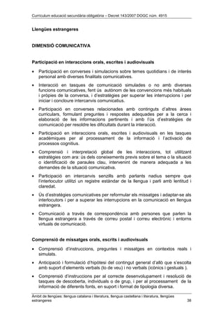 Currículum educació secundària obligatòria – Decret 143/2007 DOGC núm. 4915
Àmbit de llengües: llengua catalana i literatura, llengua castellana i literatura, llengües
estrangeres 38
Llengües estrangeres
DIMENSIÓ COMUNICATIVA
Participació en interaccions orals, escrites i audiovisuals
• Participació en converses i simulacions sobre temes quotidians i de interès
personal amb diverses finalitats comunicatives.
• Interacció en tasques de comunicació simulades o no amb diverses
funcions comunicatives, fent ús autònom de les convencions més habituals
i pròpies de la conversa, i d’estratègies per superar les interrupcions i per
iniciar i concloure intercanvis comunicatius.
• Participació en converses relacionades amb continguts d’altres àrees
curriculars, formulant preguntes i respostes adequades per a la cerca i
elaboració de les informacions pertinents i amb l’ús d’estratègies de
comunicació per resoldre les dificultats durant la interacció.
• Participació en interaccions orals, escrites i audiovisuals en les tasques
acadèmiques per al processament de la informació i l’activació de
processos cognitius.
• Comprensió i interpretació global de les interaccions, tot utilitzant
estratègies com ara: ús dels coneixements previs sobre el tema o la situació
o identificació de paraules clau, intervenint de manera adequada a les
demandes de la situació comunicativa.
• Participació en intercanvis senzills amb parlants nadius sempre que
l’interlocutor utilitzi un registre estàndar de la llengua i parli amb lentitud i
claredat.
• Ús d’estratègies comunicatives per reformular els missatges i adaptar-se als
interlocutors i per a superar les interrupcions en la comunicació en llengua
estrangera.
• Comunicació a través de correspondència amb persones que parlen la
llengua estrangera a través de correu postal i correu electrònic i entorns
virtuals de comunicació.
Comprensió de missatges orals, escrits i audiovisuals
• Comprensió d’instruccions, preguntes i missatges en contextos reals i
simulats.
• Anticipació i formulació d’hipòtesi del contingut general d’allò que s’escolta
amb suport d’elements verbals (to de veu) i no verbals (icònics i gestuals ).
• Comprensió d’instruccions per al correcte desenvolupament i resolució de
tasques de descoberta, individuals o de grup, i per al processament de la
informació de diferents fonts, en suport i format de tipologia diversa.
 