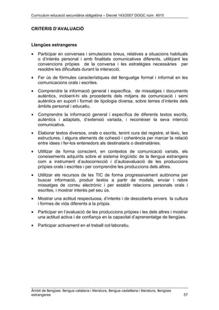 Currículum educació secundària obligatòria – Decret 143/2007 DOGC núm. 4915
Àmbit de llengües: llengua catalana i literatura, llengua castellana i literatura, llengües
estrangeres 57
CRITERIS D’AVALUACIÓ
Llengües estrangeres
• Participar en converses i simulacions breus, relatives a situacions habituals
o d’interès personal i amb finalitats comunicatives diferents, utilitzant les
convencions pròpies de la conversa i les estratègies necessàries per
resoldre les dificultats durant la interacció.
• Fer ús de fórmules característiques del llenguatge formal i informal en les
comunicacions orals i escrites.
• Comprendre la informació general i específica, de missatges i documents
autèntics, incloent-hi els procedents dels mitjans de comunicació i semi
autèntics en suport i format de tipologia diversa, sobre temes d’interès dels
àmbits personal i educatiu.
• Comprendre la informació general i específica de diferents textos escrits,
autèntics i adaptats, d’extensió variada, i reconèixer la seva intenció
comunicativa.
• Elaborar textos diversos, orals o escrits, tenint cura del registre, el lèxic, les
estructures, i alguns elements de cohesió i coherència per marcar la relació
entre idees i fer-los entenedors als destinataris o destinatàries.
• Utilitzar de forma conscient, en contextos de comunicació variats, els
coneixements adquirits sobre el sistema lingüístic de la llengua estrangera
com a instrument d’autocorrecció i d’autoavaluació de les produccions
pròpies orals i escrites i per comprendre les produccions dels altres.
• Utilitzar els recursos de les TIC de forma progressivament autònoma per
buscar informació, produir textos a partir de models, enviar i rebre
missatges de correu electrònic i per establir relacions personals orals i
escrites, i mostrar interès pel seu ús.
• Mostrar una actitud respectuosa, d’interès i de descoberta envers la cultura
i formes de vida diferents a la pròpia.
• Participar en l’avaluació de les produccions pròpies i les dels altres i mostrar
una actitud activa i de confiança en la capacitat d’aprenentatge de llengües.
• Participar activament en el treball col·laboratiu.
 