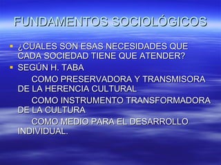 FUNDAMENTOS SOCIOLÓGICOS ¿CUALES SON ESAS NECESIDADES QUE  CADA SOCIEDAD TIENE QUE ATENDER? SEGÚN H. TABA COMO PRESERVADORA Y TRANSMISORA DE LA HERENCIA CULTURAL COMO INSTRUMENTO TRANSFORMADORA DE LA CULTURA COMO MEDIO PARA EL DESARROLLO INDIVIDUAL. 