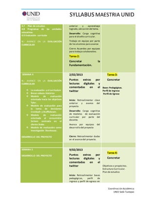 SYLLABUS MAESTRIA UNID
Coordinación Académica
UNID Sede Tuxtepec
4.7 Plan de estudios
4.8 Programas de las unidades
educativas.
4.9 Evaluación curricular
V.- AVANCE EN LA EVALUACIÓN
CURRICULAR
anterior y aprendizaje
logrado,ubicación del tema.
Desarrollo: Carga cognitiva
para el diseño curricular.
Trabajo en equipo por parte
de los alumnos para avance
Cierre: Acuerdos por equipos
para trabajo colaborativo.
Tarea 2:
Concretar la
Fundamentación.
SEMANA 4
V.- AVANCE EN LA EVALUACIÓN
CURRICULAR
 La evaluación y el curriculum
 Breve esbozo histórico
 Modelo de evaluación
orientada hacia los objetivos
Tyler.
 Modelo de evaluación para
la toma de decisiones
Cronbach y Stufflebeam.
 Modelo de evaluación
orientada al consumidor
Scriven centrada en el
cliente Stake.
 Modelo de evaluación como
investigación Stenhouse.
DESARROLLO DEL PROYECTO
2/02/2013
Puntos extras por
lecturas digitales y
comentadas en el
twitter
Inicio: Retroalimentar clase
anterior y avance del
proyecto.
Desarrollo: Carga cognitiva
de modelos de evaluación
curricular por parte del
docente.
Avance por equipos del
desarrollo del proyecto
Cierre: Retroalimentar dudas
en el avancedel proyecto.
Tarea 3:
Concretar
Bases Pedagógicas.
Perfil de Ingreso
Perfil de Egreso
SEMANA 5
DESARROLLO DEL PROYECTO
9/02/2013
Puntos extras por
lecturas digitales y
comentadas en el
twitter
Inicio: Retroalimentar bases
pedagógicas, perfil de
ingreso y perfil de egreso en
Tarea 4:
Concretar
Objetivos o propósitos.
Estructura Curricular.
Plan de estudios
 