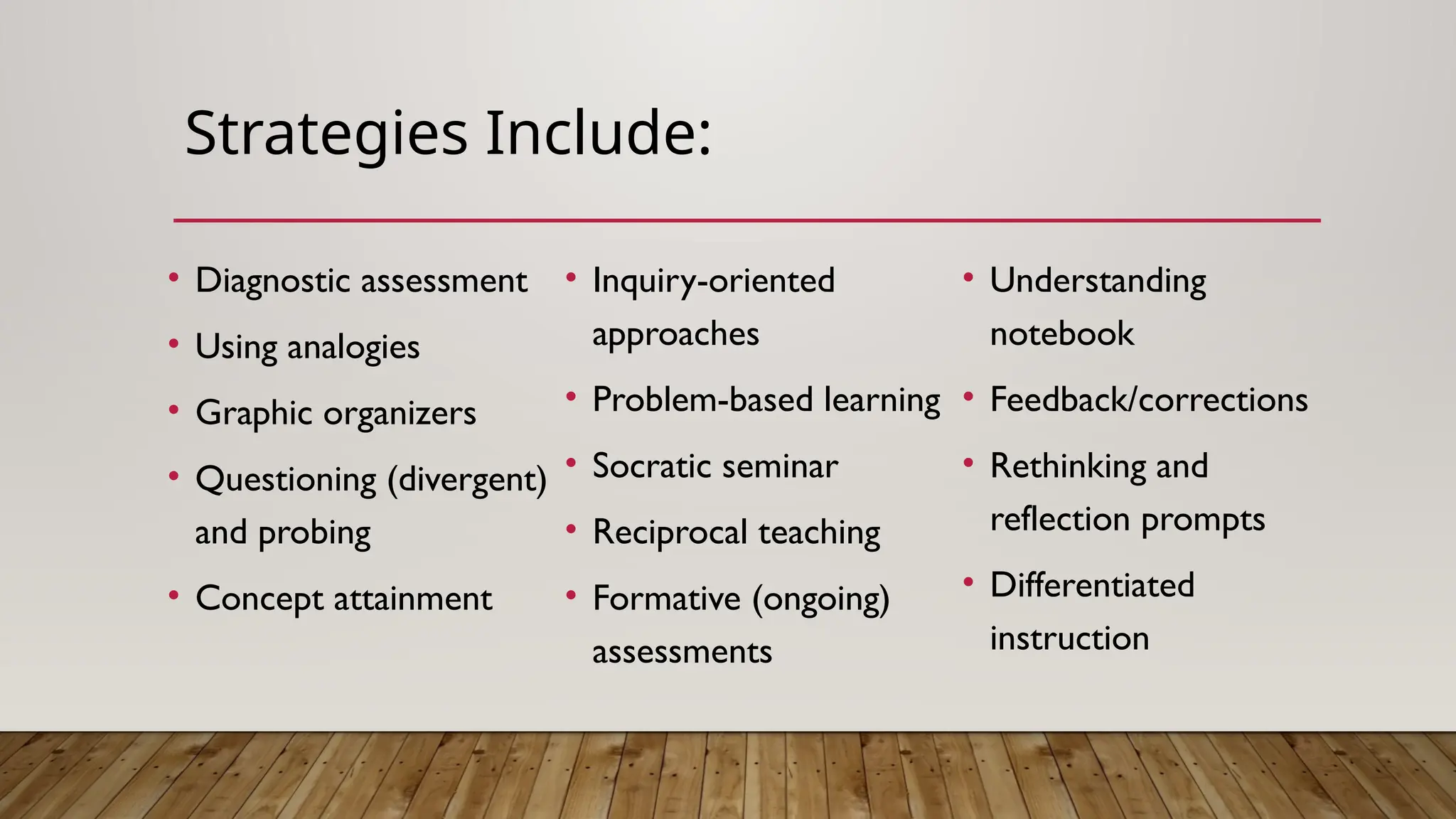 Strategies Include:
• Diagnostic assessment
• Using analogies
• Graphic organizers
• Questioning (divergent)
and probing
• Concept attainment
• Inquiry-oriented
approaches
• Problem-based learning
• Socratic seminar
• Reciprocal teaching
• Formative (ongoing)
assessments
• Understanding
notebook
• Feedback/corrections
• Rethinking and
reflection prompts
• Differentiated
instruction
 