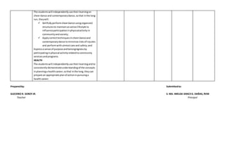 The studentswill independentlyuse theirlearningon
cheerdance and contemporarydance,sothat inthe long
run, theywill:
 Skillfullyperformcheerdance usingorganized
structuresto maintainanactive lifestyle to
influenceparticipationinphysicalactivityin
communityandsociety;
 Applycorrecttechniquesincheerdance and
contemporarydance tominimize risksof injuries
and performwithutmostcare and safety;and
Expressa sense of purpose andbelongingnessby
participatinginphysical activityrelatedtocommunity
servicesandprograms.
HEALTH
The studentswill independentlyuse theirlearningandto
consistentlydemonstrateunderstandingof the concepts
inplanninga healthcareer,sothat inthe long,theycan
prepare an appropriate planof actioninpursuinga
healthcareer.
Preparedby: Submittedto:
GLECERIO R. GEROYJR. S. MA. IMELDA GRACEG. DAÑAS, RVM
Teacher Principal
 