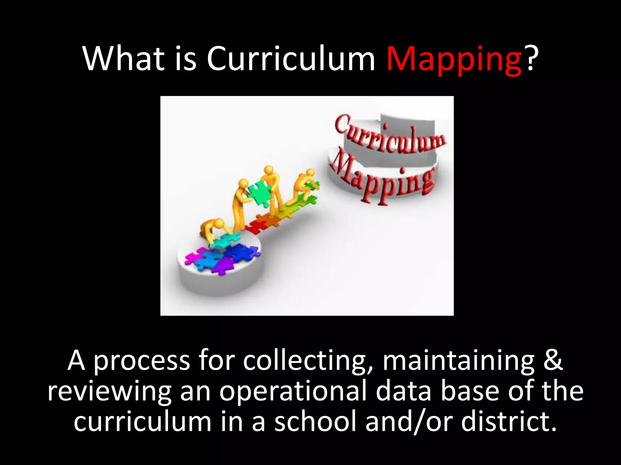 What is Curriculum Mapping?A process for collecting, maintaining & reviewing an operational data base of the curriculum in a school and/or district.