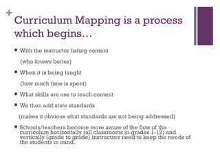 +
    Curriculum Mapping is a process
    which begins…
       With the instructor listing content
        (who knows better)
       When it is being taught
        (how much time is spent)
       What skills are use to teach content
       We then add state standards
        (makes it obvious what standards are not being addressed)
       Schools/teachers become more aware of the flow of the
        curriculum horizontally (all classrooms in grades 1-12) and
        vertically (grade to grade) instructors need to keep the needs of
        the students in mind.
 