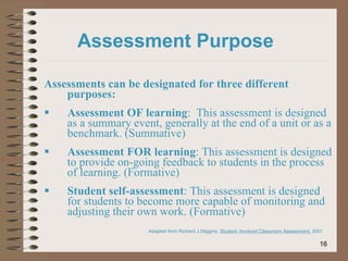Assessments can be designated for three different purposes: Assessment OF learning :  This assessment is designed as a summary event, generally at the end of a unit or as a benchmark. (Summative) Assessment FOR learning : This assessment is designed to provide on-going feedback to students in the process of learning. (Formative) Student self-assessment : This assessment is designed for students to become more capable of monitoring and adjusting their own work. (Formative) Assessment Purpose Adapted from Richard J.Stiggins,  Student- Involved Classroom Assessment,  2001 