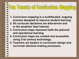 1. Curriculum mapping is a multifaceted, ongoing process designed to improve student learning. 2. All curricular decisions are data-driven and in the students' best interest. 3. Curriculum maps represent both the planned and operational learning. 4. Curriculum maps are created and accessible using 21st century technology. 5. Teachers are leaders in curriculum design and curricular decision-making processes. Ten Tenets of Curriculum Mapping 
