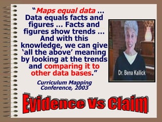 Evidence Vs Claim “ Maps equal data  … Data equals facts and figures … Facts and figures show trends … And with this knowledge, we can give ‘all the above’ meaning by looking at the trends and  comparing it to other data bases .” Curriculum Mapping Conference, 2003 