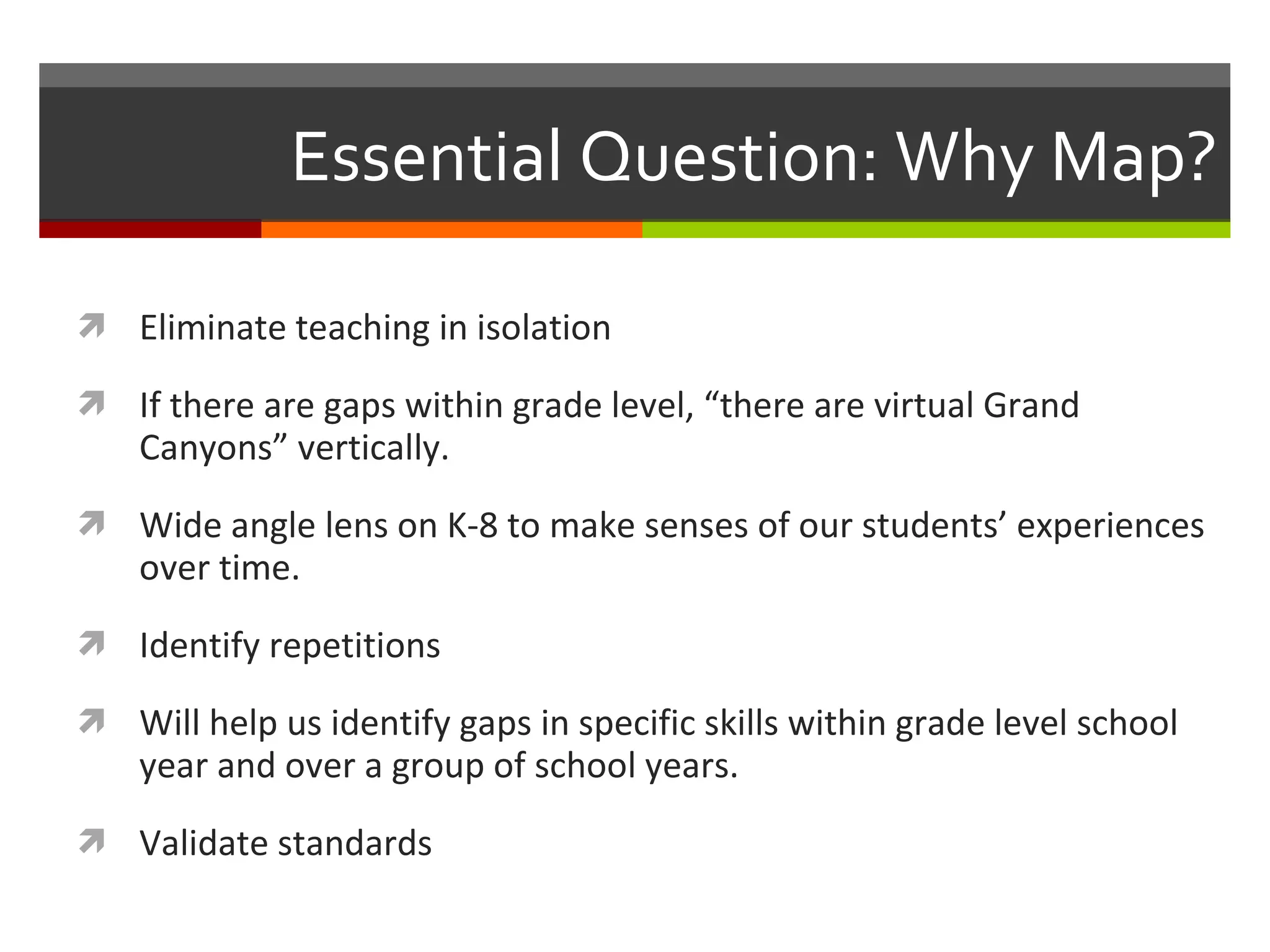 Essential Question: Why Map? Eliminate teaching in isolation If there are gaps within grade level, “there are virtual Grand Canyons” vertically. Wide angle lens on K-8 to make senses of our students’ experiences over time. Identify repetitions Will help us identify gaps in specific skills within grade level school year and over a group of school years. Validate standards 