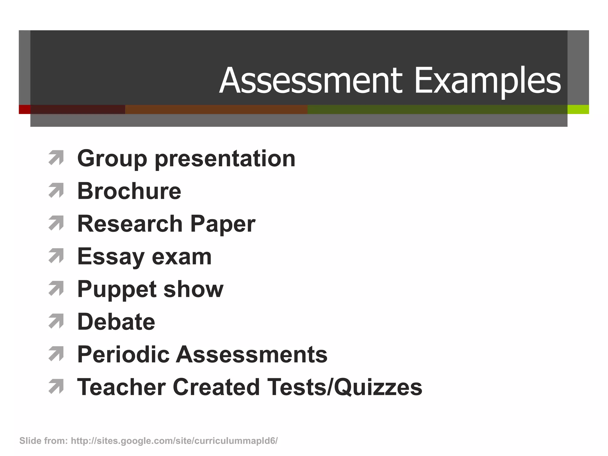 Assessment Examples Group presentation Brochure Research Paper Essay exam Puppet show Debate Periodic Assessments Teacher Created Tests/Quizzes Slide from: http://sites.google.com/site/curriculummapld6/  