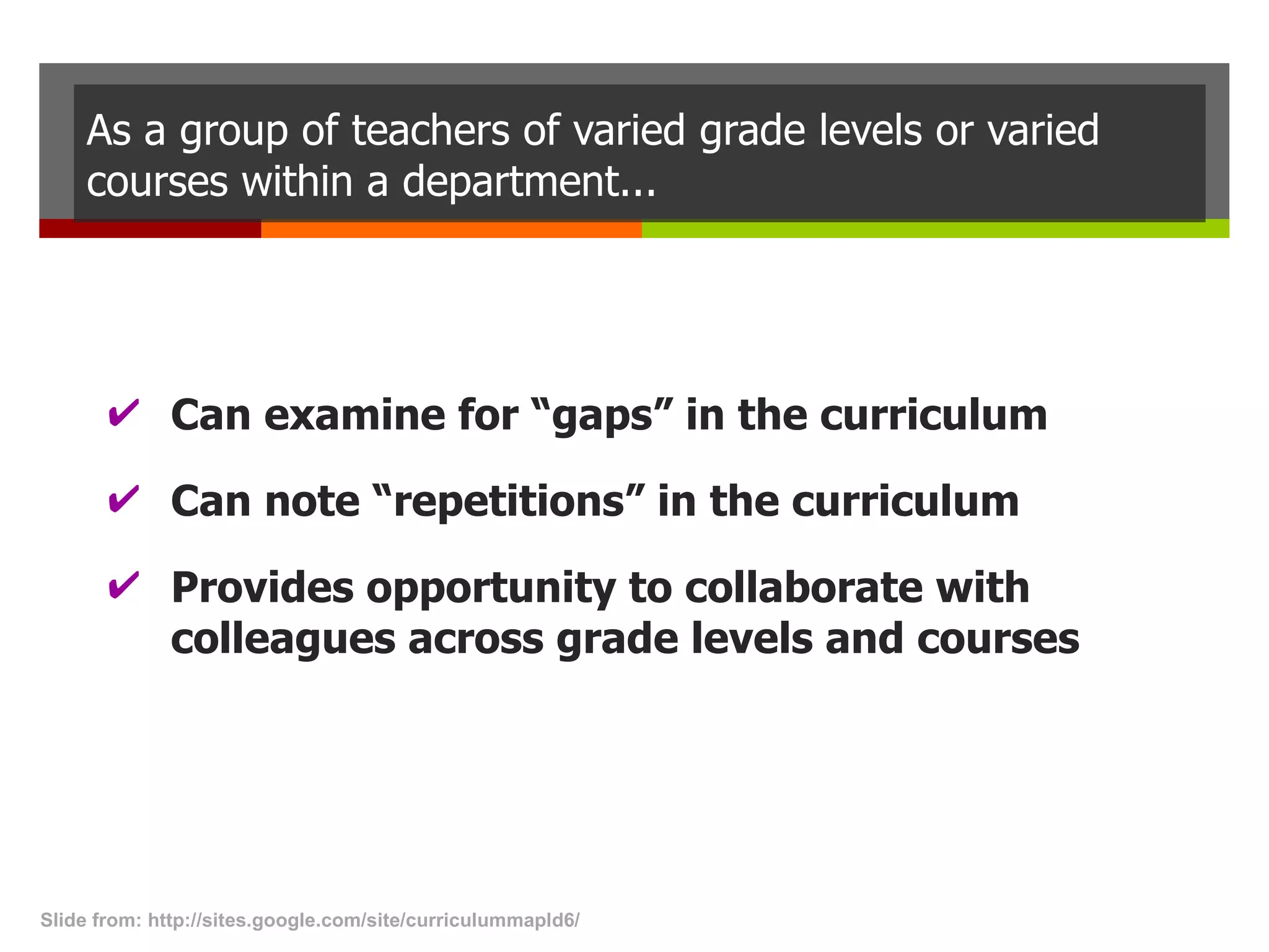 As a group of teachers of varied grade levels or varied courses within a department... Can examine for “gaps” in the curriculum Can note “repetitions” in the curriculum Provides opportunity to collaborate with colleagues across grade levels and courses Slide from: http://sites.google.com/site/curriculummapld6/  