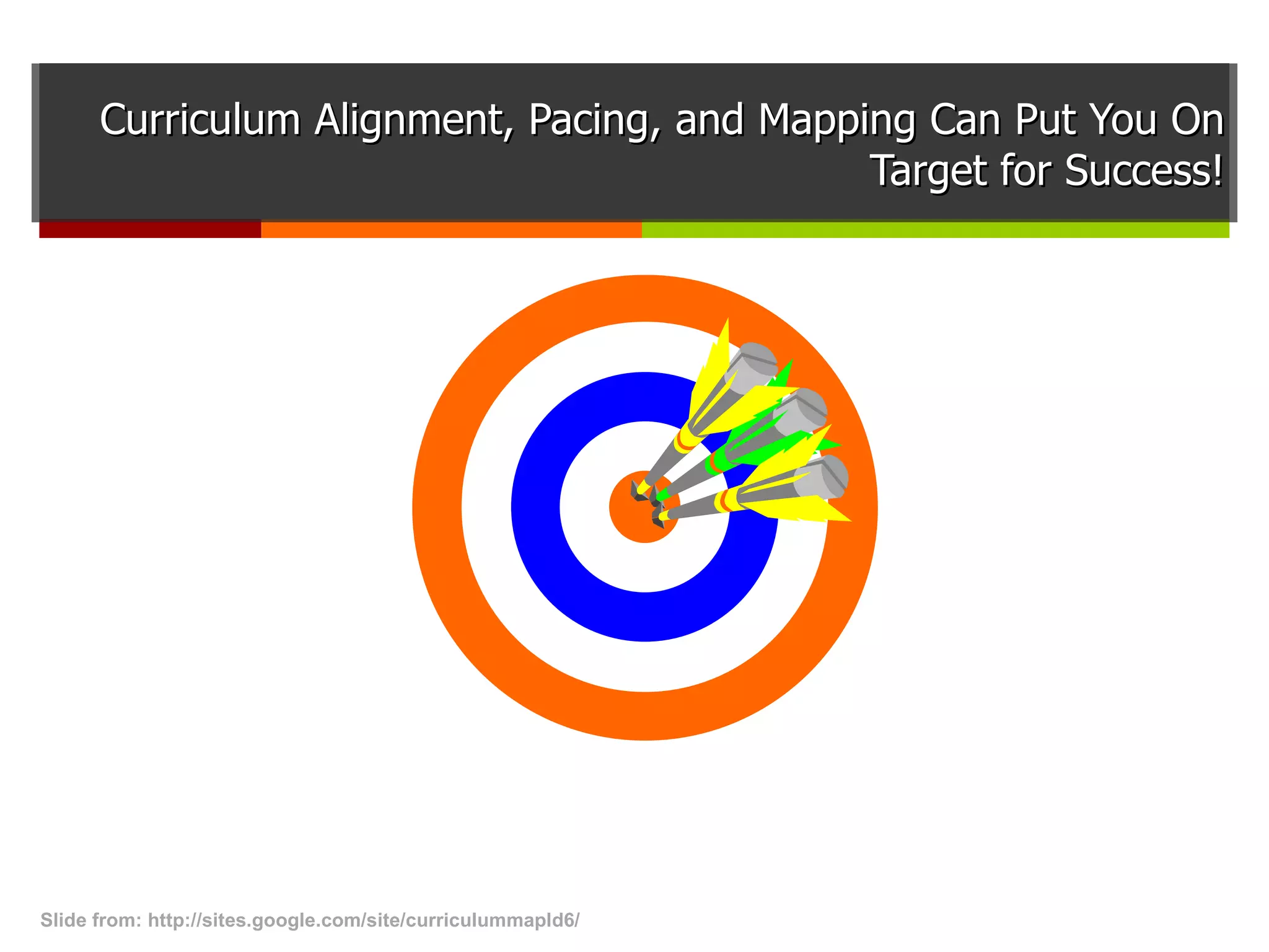 Curriculum Alignment, Pacing, and Mapping Can Put You On Target for Success! Slide from: http://sites.google.com/site/curriculummapld6/  