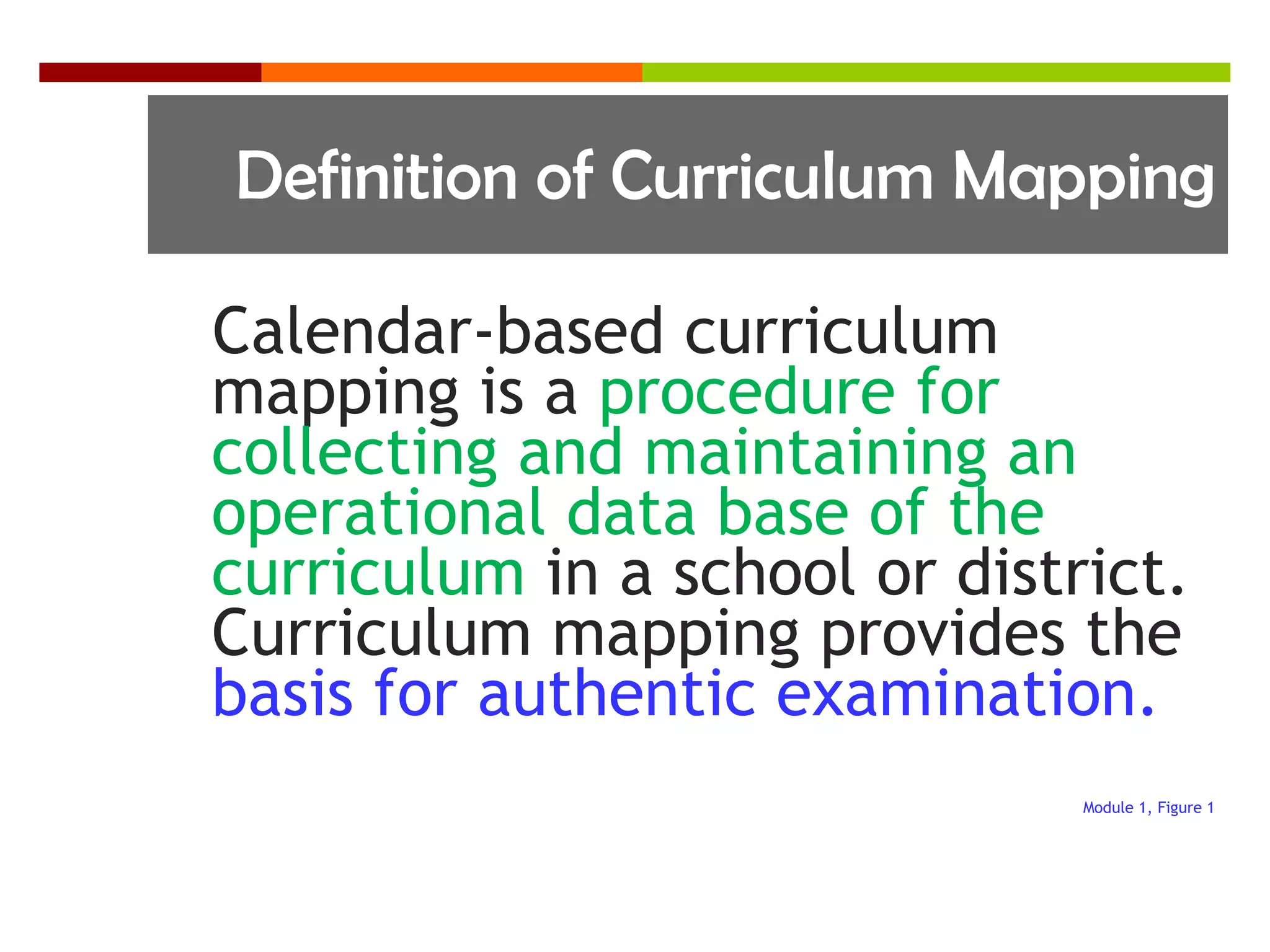 Definition of Curriculum Mapping Calendar-based curriculum mapping is a  procedure for collecting and maintaining an operational data base of the curriculum  in a school or district.  Curriculum mapping provides the  basis for authentic examination. Module 1, Figure 1 