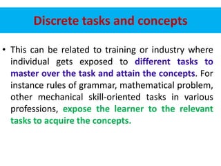 Discrete tasks and concepts
• This can be related to training or industry where
individual gets exposed to different tasks to
master over the task and attain the concepts. For
instance rules of grammar, mathematical problem,
other mechanical skill-oriented tasks in various
professions, expose the learner to the relevant
tasks to acquire the concepts.
 