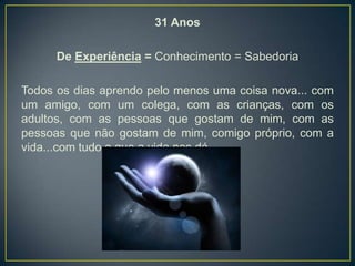 31 Anos

      De Experiência = Conhecimento = Sabedoria

Todos os dias aprendo pelo menos uma coisa nova... com
um amigo, com um colega, com as crianças, com os
adultos, com as pessoas que gostam de mim, com as
pessoas que não gostam de mim, comigo próprio, com a
vida...com tudo o que a vida nos dá.
 